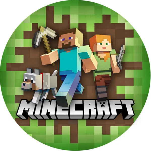 Kulatý jedlý obrázek na dort – Minecraft Steve a Alex (zelená, hnědá, modrá)