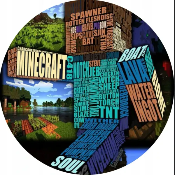 Kulatý jedlý obrázek na dort – Minecraft, blok ze slov TNT, Steve a Creeper (zelená, modrá, hnědá)