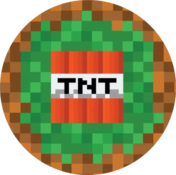 Kulatý jedlý obrázek na dort – Minecraft, červená kostka TNT na trávě (zelená, červená, hnědá)