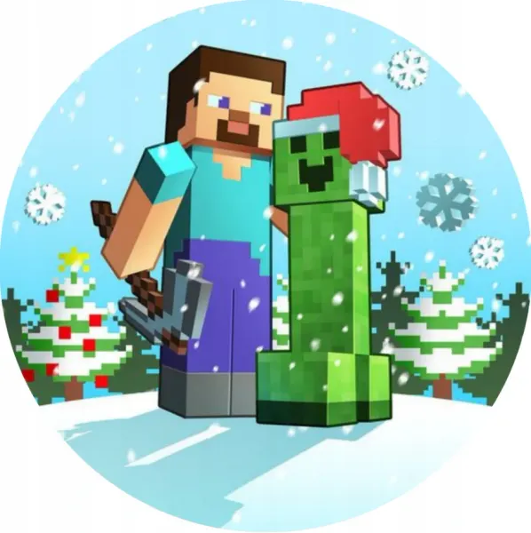 Kulatý jedlý obrázek na dort – Minecraft Vánoce (modrá, zelená, bílá)