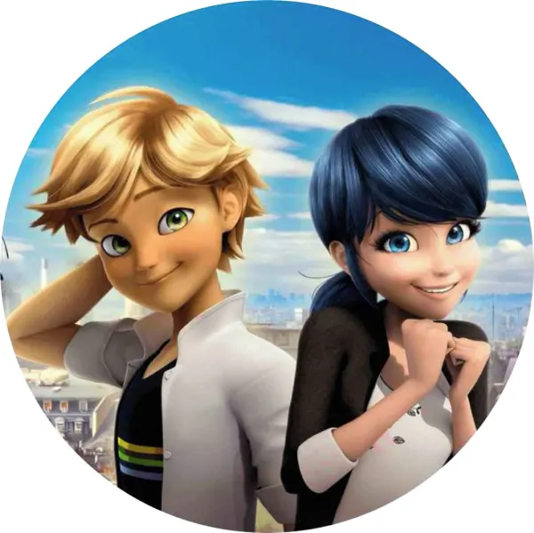 Kulatý jedlý obrázek na dort – Miraculous, Marinette a Adrien v Paříži (modrá, bílá, žlutá)