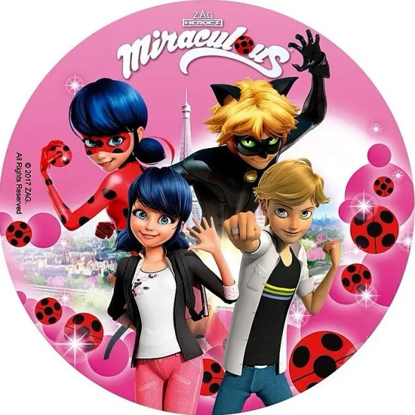 Kulatý jedlý obrázek na dort – Miraculous, Marinette, Adrien a hrdinové (růžová, červená, černá)