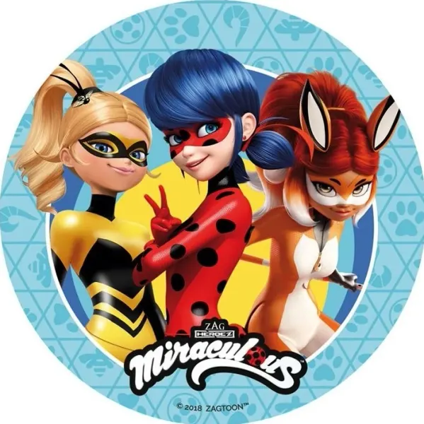 Kulatý jedlý obrázek na dort – Miraculous, Beruška, Queen Bee a Rena Rouge (červená, modrá, žlutá)