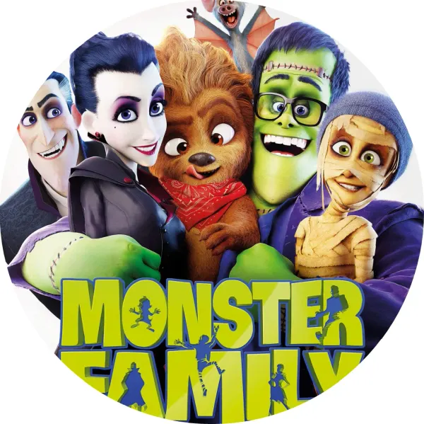Kulatý jedlý obrázek na dort – Monster Family, rodina s netopýrem a nápis (zelená, fialová, hnědá)