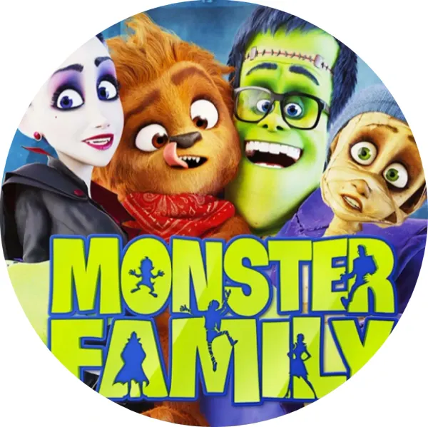 Kulatý jedlý obrázek na dort – Monster Family, usměvavá rodinka s nápisem (zelená, modrá, hnědá)