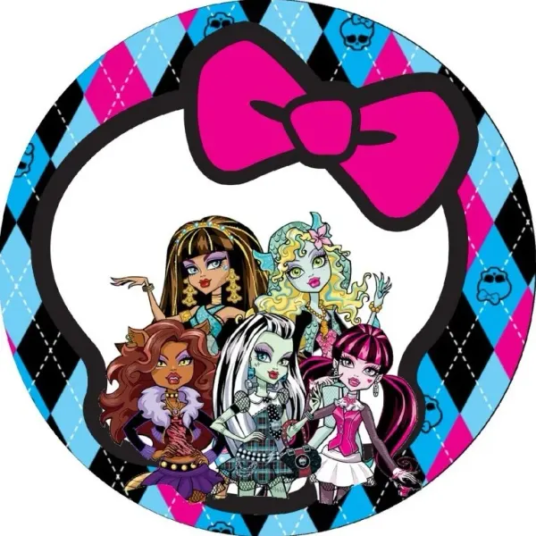 Kulatý jedlý obrázek na dort – Monster High, parta s lebkou a mašlí (růžová, černá, tyrkysová)