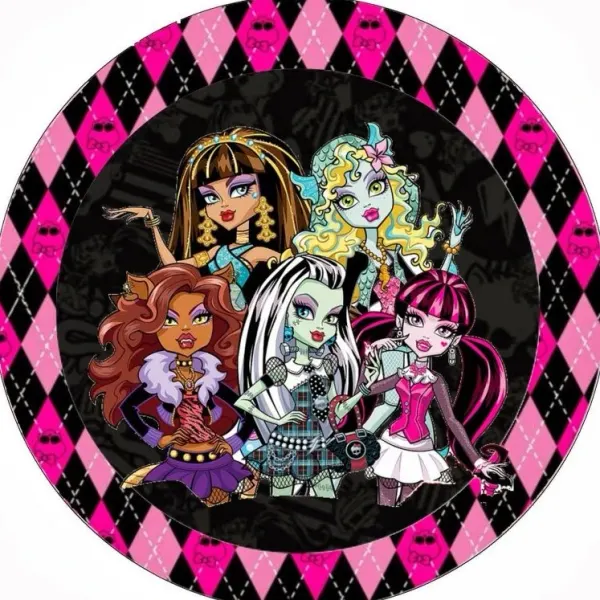 Kulatý jedlý obrázek na dort – Monster High, pětice postav s lebkami (růžová, černá, tyrkysová)