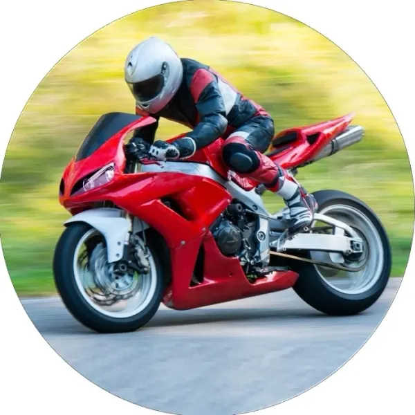 Kulatý jedlý obrázek na dort – Motorka, červený sportovní stroj v zatáčce (červená, zelená, šedá)