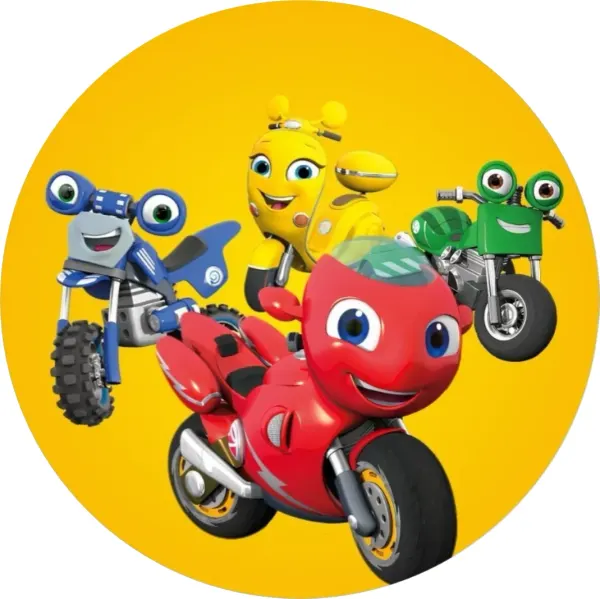 Kulatý jedlý obrázek na dort – Motorky, animovaná parta na žlutém pozadí (žlutá, červená, modrá)
