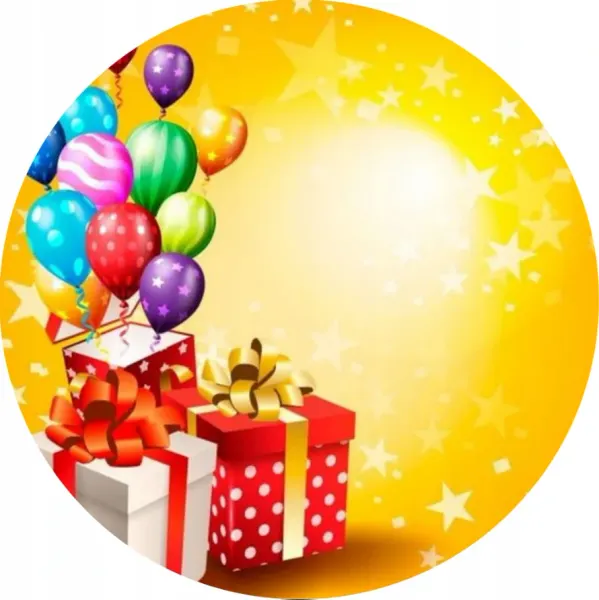 Kulatý jedlý obrázek na dort – Narozeniny, Happy Birthday (žlutá, červená, modrá)