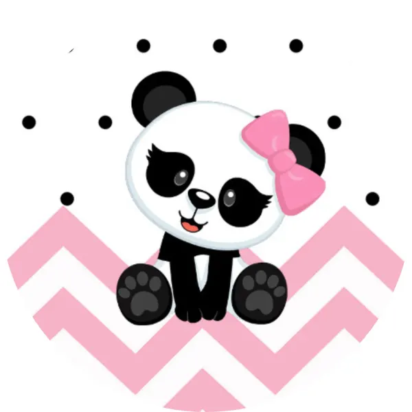 Kulatý jedlý obrázek na dort – Panda, mládě s mašlí a chevron vzorem (růžová, bílá, černá)