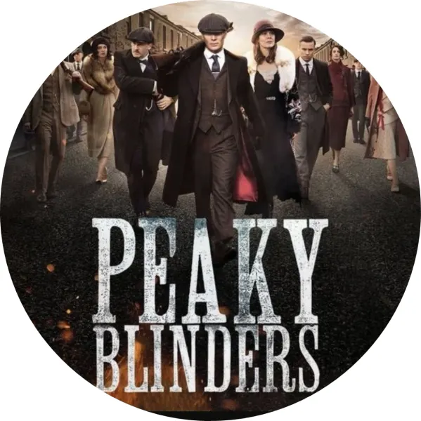 Kulatý jedlý obrázek na dort – Peaky Blinders, gangy z Birminghamu (černá, šedá, hnědá)
