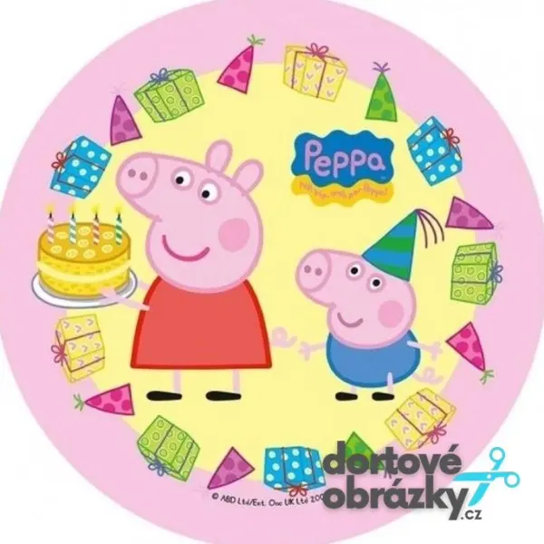 Kulatý jedlý obrázek na dort – Prasátko Peppa, Peppa s dortem a Tomík (růžová, žlutá, modrá)