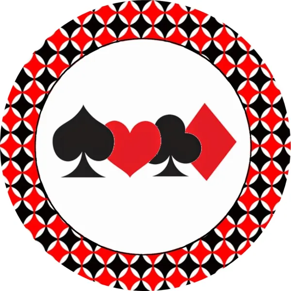Kulatý jedlý obrázek na dort – Poker, karty, symboly s geometrickým lemem (černá, červená, bílá)