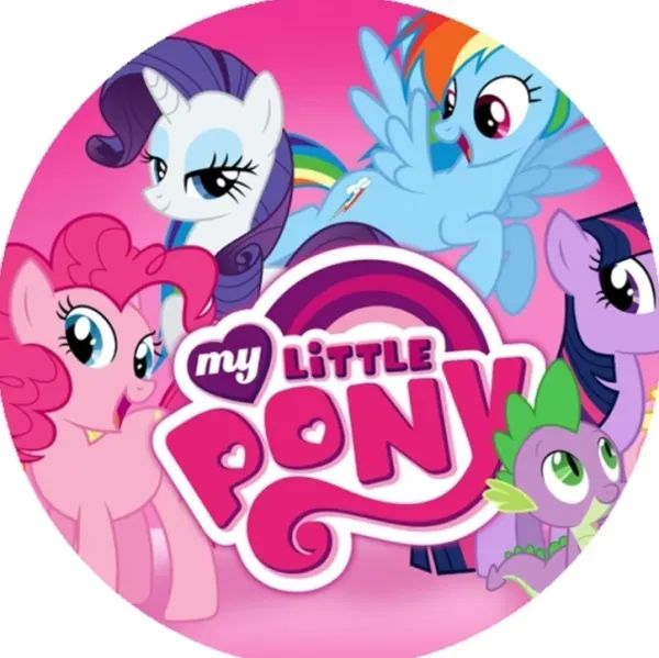 Kulatý jedlý obrázek na dort – Můj malý pony, parta a velké logo se srdíčky (růžová, fialová, modrá)