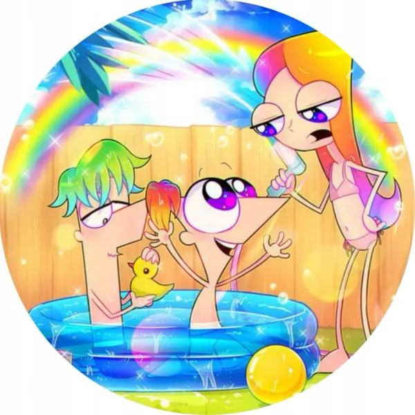 Kulatý jedlý obrázek na dort – Phineas a Ferb (modrá, duhová, žlutá)