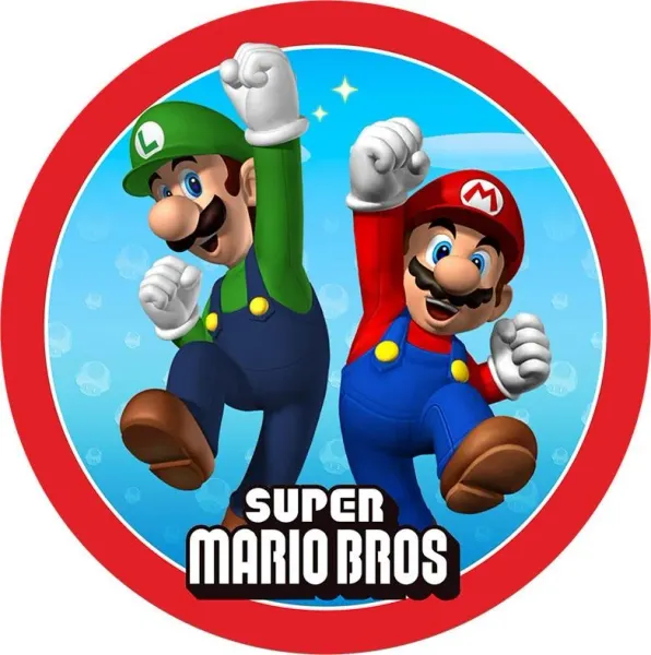 Kulatý jedlý obrázek na dort – Super Mario, skákající Mario a Luigi v kruhu (červená, modrá, zelená)