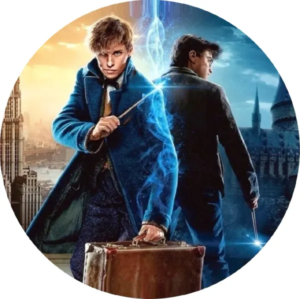 Kulatý jedlý obrázek na dort – Fantastická zvířata x Harry Potter (modrá, černá, žlutá)