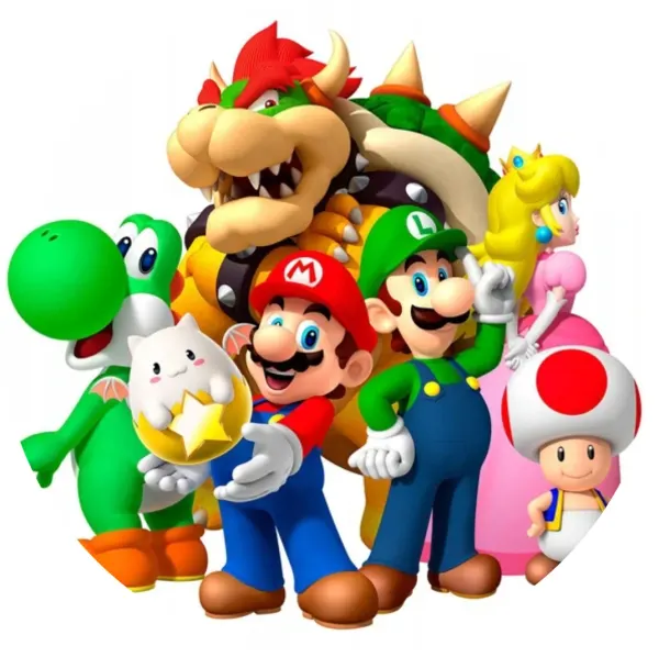 Kulatý jedlý obrázek na dort – Super Mario, herní družina s Bowserem na bílém (červená, zelená, modrá)