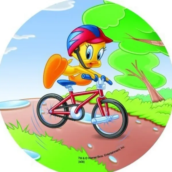Kulatý jedlý obrázek na dort – Kuřátko Tweety, na kole s helmou (žlutá, zelená, modrá)