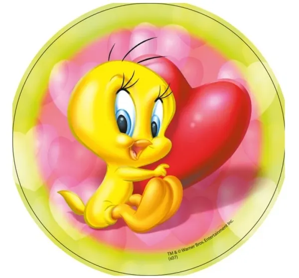 Kulatý jedlý obrázek na dort – Kuřátko Tweety, se srdcem (žlutá, růžová, červená)