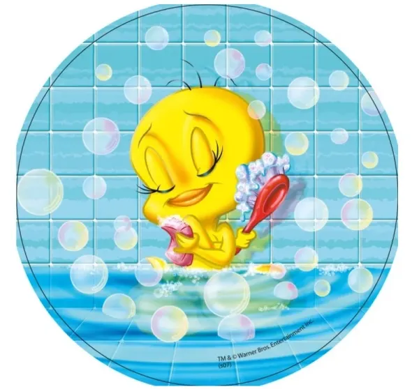 Kulatý jedlý obrázek na dort – Kuřátko Tweety, ve vaně s bublinami (modrá, žlutá, tyrkysová)