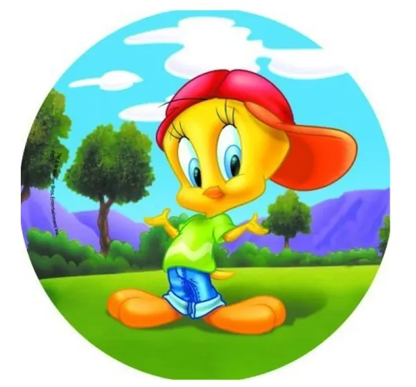 Kulatý jedlý obrázek na dort – Kuřátko Tweety, v kšiltovce a džínách (žlutá, modrá, zelená)