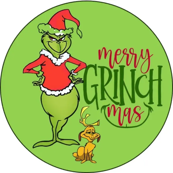 Kulatý jedlý obrázek na dort – Grinch, Vánoce: se psem Maxem a nápisem (zelená, červená, žlutá)