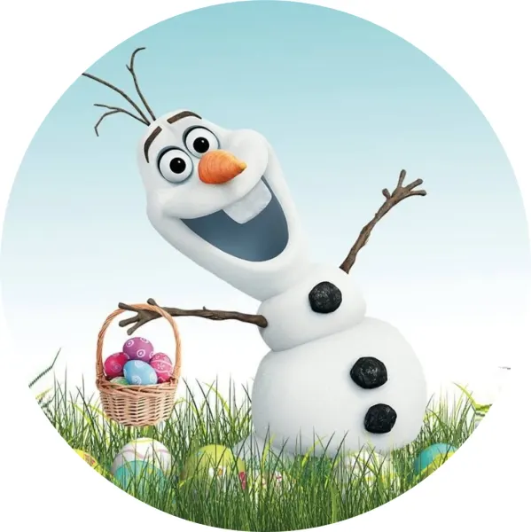 Kulatý jedlý obrázek na dort – Frozen, Velikonoce, Sněhulák Olaf s košíčkem (bílá, zelená, modrá)