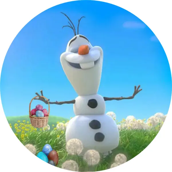 Kulatý jedlý obrázek na dort – Frozen, Velikonoce, Olaf na louce pampelišek (modrá, zelená, bílá)