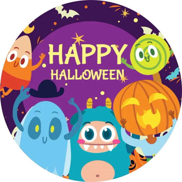 Kulatý jedlý obrázek na dort – Barevný Halloween (fialová, modrá, žlutá)
