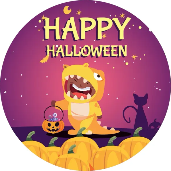 Kulatý jedlý obrázek na dort – Dino Halloween (fialová, žlutá, černá)