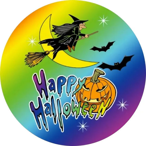 Kulatý jedlý obrázek na dort – Happy Halloween (duhová, černá, žlutá)