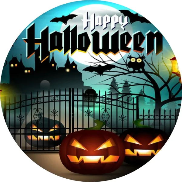 Kulatý jedlý obrázek na dort – Happy Halloween 2 (černá, modrá, červená)