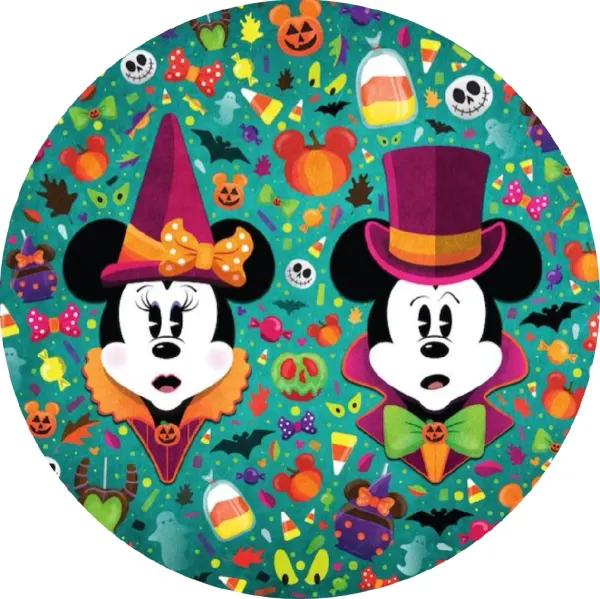 Kulatý jedlý obrázek na dort – Mickey a Minnie, Halloween na tyrkysovém pozadí (tyrkysová, fialová, černá)