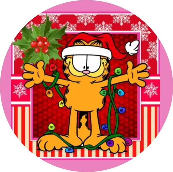 Kulatý jedlý obrázek na dort – Garfield, Vánoce (červená, žlutá, zelená)