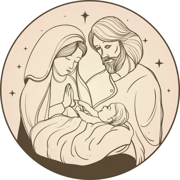 Kulatý jedlý obrázek na dort – Ježíšek, Svatá rodina v jesličkách (hnědá, bílá)