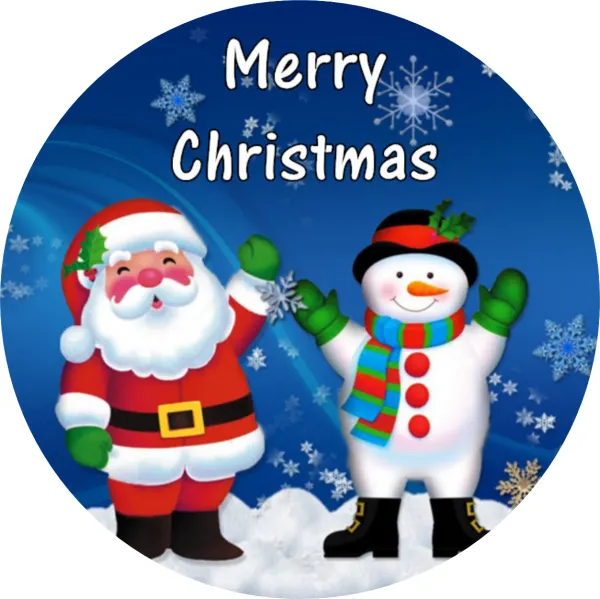 Kulatý jedlý obrázek na dort – Merry Christmas, Santa a sněhulák ve sněhu (modrá, červená, bílá)