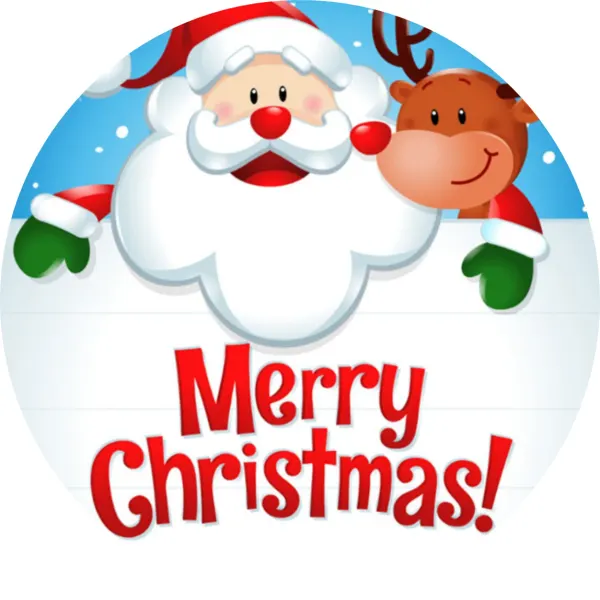Kulatý jedlý obrázek na dort – Merry Christmas, Santa a sob u cedule (červená, bílá, modrá)