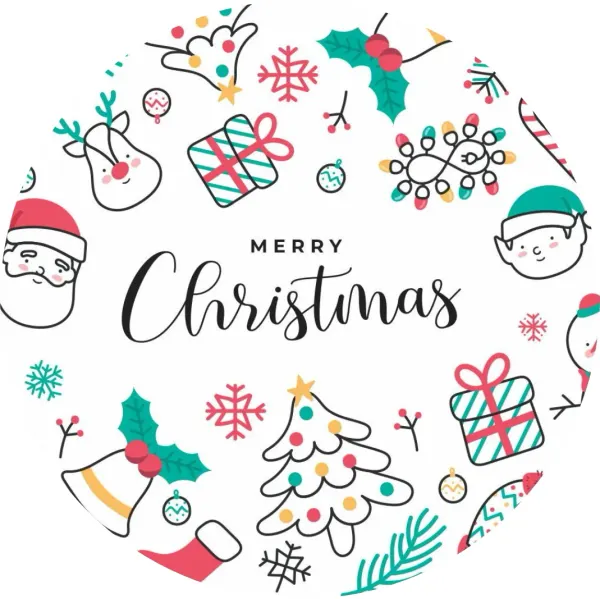 Kulatý jedlý obrázek na dort – Merry Christmas, věnec se Santou a soby (bílá, červená, tyrkysová)