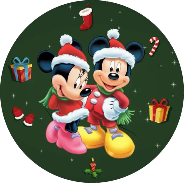 Kulatý jedlý obrázek na dort – Mickey a Minnie, Vánoce (zelená, červená, bílá)