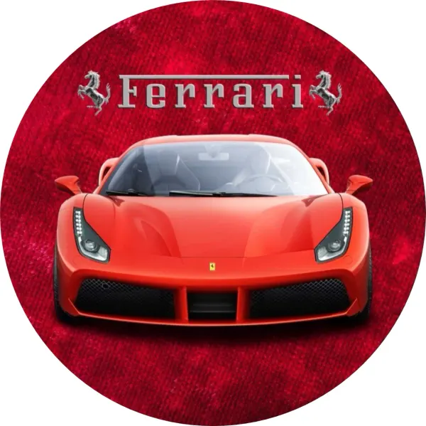 Kulatý jedlý obrázek na dort – Ferrari, Sporťák, čelní pohled a koně (červená, černá, stříbrná)