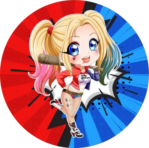 Kulatý jedlý obrázek na dort – Harley Quinn, chibi styl a komiksové pozadí (červená, modrá, černá)