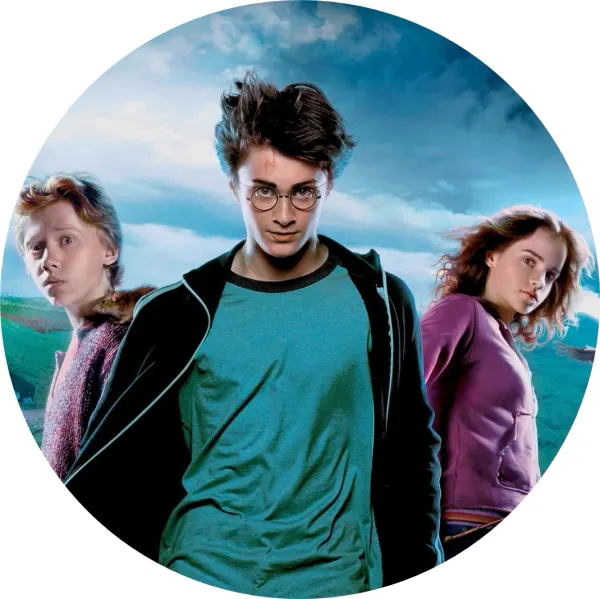 Kulatý jedlý obrázek na dort – Harry Potter 3, trio a Ron s Prašivkou (modrá, tyrkysová, černá)