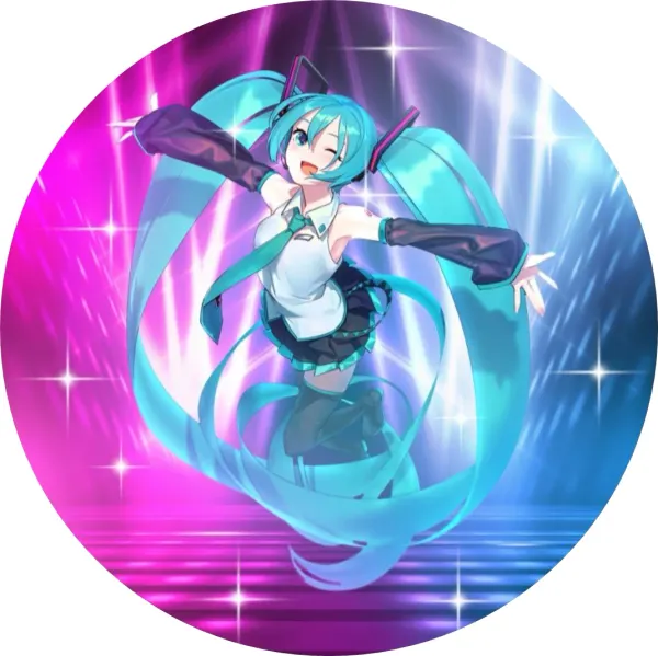 Kulatý jedlý obrázek na dort – Hatsune Miku (tyrkysová, fialová, růžová)
