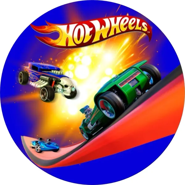 Kulatý jedlý obrázek na dort – Hot Wheels, Zelený speciál a modrý hot rod (modrá, červená, zelená)