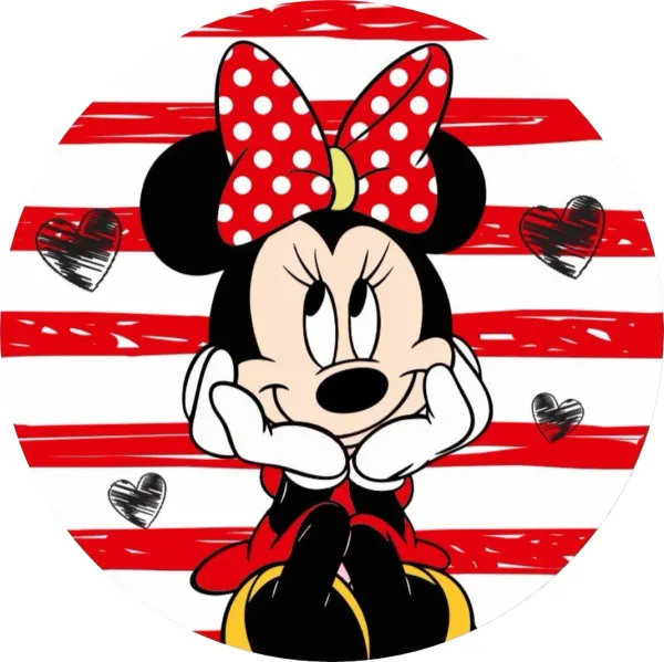 Kulatý jedlý obrázek na dort – Minnie, zasněná na červenobílých pruzích (červená, bílá, černá)