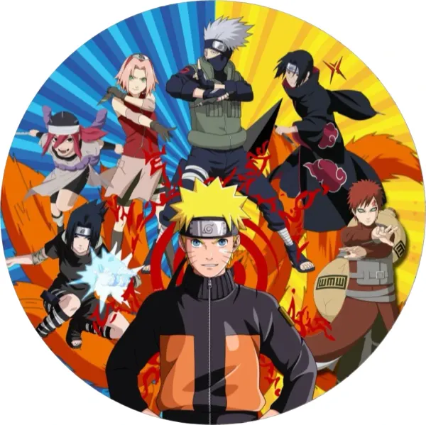 Kulatý jedlý obrázek na dort – Naruto, hrdinové a devítiocasá liška (modrá, žlutá, červená)