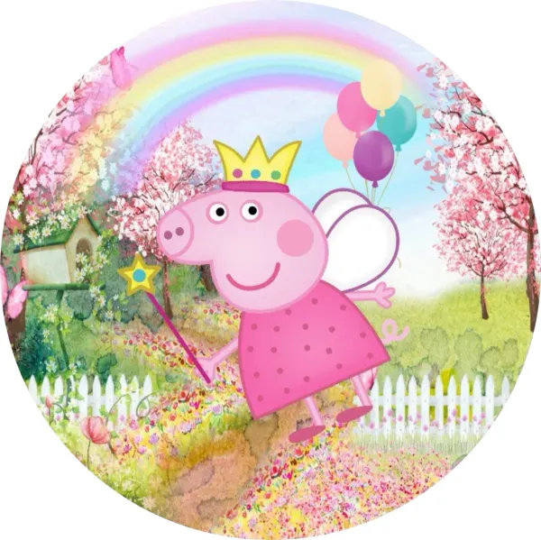 Kulatý jedlý obrázek na dort – Prasátko Peppa, víla s hůlkou a duhou (růžová, zelená, žlutá)