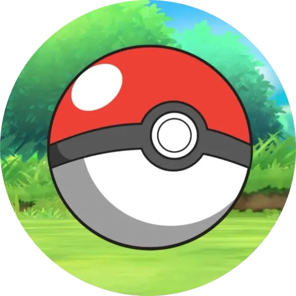 Kulatý jedlý obrázek na dort – Pokémon, Pokéball na zelené louce (červená, bílá, zelená)